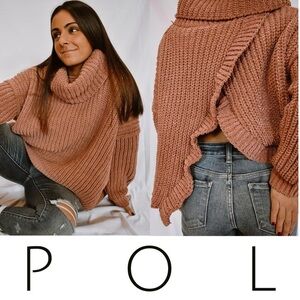 POL Chunky Knit Cowl Neck Spring Sweater in Dusty Rose Pink Ruffle Back Size S